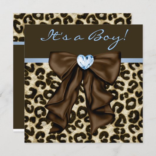 Invitation Bébé Bleu Brown léopard bébé garçon douche (Devant / Derrière)