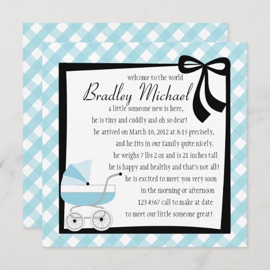 Invitation Bébé bleu Buggy (Devant / Derrière)