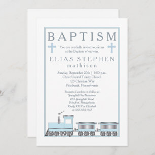 Invitation Bébé Bleu Choo Choo Train Garçon Baptême