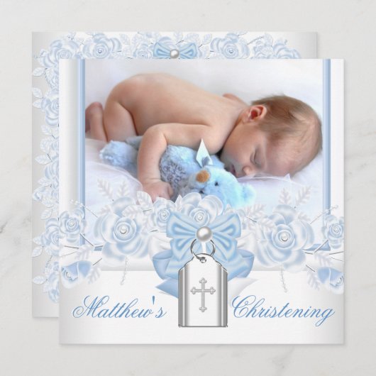 Invitation Bébé Bleu Christening (Devant / Derrière)