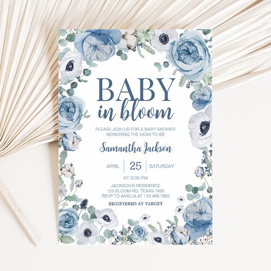 Invitation Bébé bleu dans le Baby shower en fleur