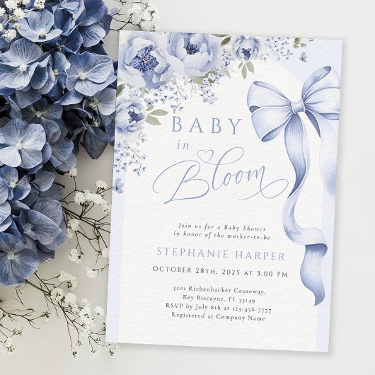 Invitation Bébé bleu dans le Baby shower en fleur