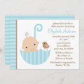 Invitation Bébé bleu dans un Baby shower parapluie (Devant / Derrière)