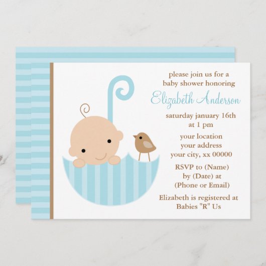 Invitation Bébé bleu dans un Baby shower parapluie (Devant / Derrière)