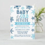 Invitation Bébé bleu d'hiver Il fait froid dehors Baby shower (Debout devant)