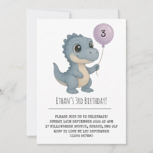 Invitation Bébé bleu Dino avec ballons violet Anniversaire