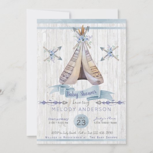 Invitation Bébé Bleu Douche Boho Chic Teepee & Flèches (Devant)