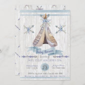 Invitation Bébé Bleu Douche Boho Chic Teepee & Flèches (Devant / Derrière)