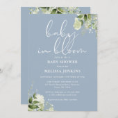 Invitation Bébé Bleu Dusty Dans Baby shower Fleuri (Devant / Derrière)