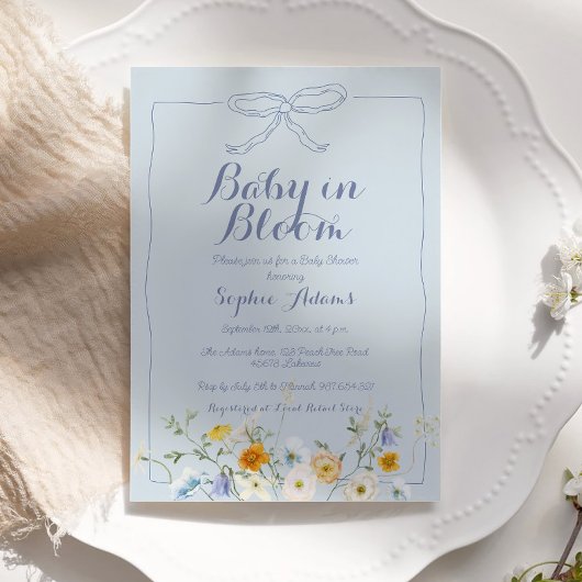 Invitation Bébé bleu en fleurs Bow Fleur sauvage Baby shower