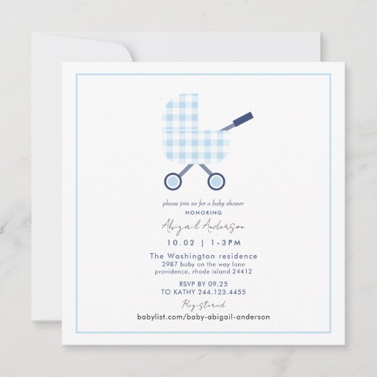 Invitation Bébé Bleu En vichy Pram Carré Baby shower (Devant)