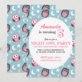 Invitation Bébé Bleu et Chouette rose Caricature Anniversaire (Devant / Derrière)