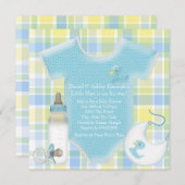 Invitation Bébé bleu et jaune Plaid Douche garçon (Devant / Derrière)