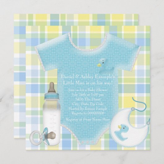 Invitation Bébé bleu et jaune Plaid Douche garçon (Devant / Derrière)