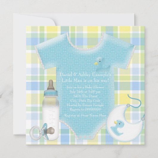 Invitation Bébé bleu et jaune Plaid Douche garçon (Devant)