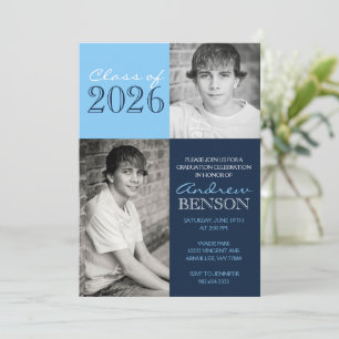 Invitation Bébé Bleu et Marine Classique 2 Photo Graduation