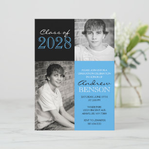 Invitation Bébé Bleu et Noir Classique 2 Photo Graduation
