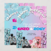 Invitation Bébé bleu et rose mignon Twin Anniversaire Invitat (Devant / Derrière)