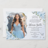 Invitation Bébé bleu floral argent Quinceañera 16e photo (Devant)