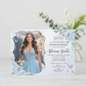 Invitation Bébé bleu floral argent Quinceañera 16e photo (Debout devant)