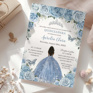 Invitation Bébé bleu Floral Brown Princesse Silver Quinceañer