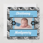 Invitation Bébé bleu floral Christening avec photo (Devant)