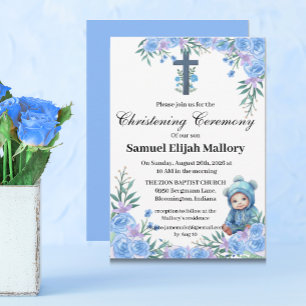 Invitation Bébé bleu floral Christening / Baptême