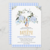Invitation Bébé Bleu Floral Français Peter Rabbit Baptême (Devant / Derrière)