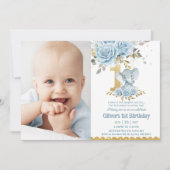 Invitation Bébé bleu floral mignon éléphant 1er anniversaire  (Devant)
