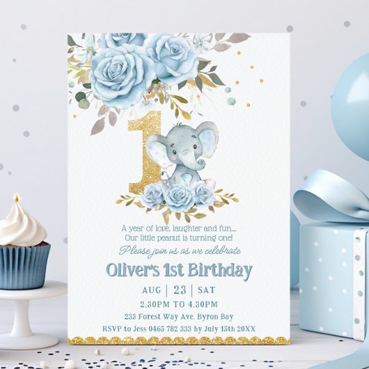 Invitation Bébé bleu floral mignon Eléphant Un 1er anniversai