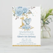 Invitation Bébé bleu floral mignon Eléphant Un 1er anniversai (Debout devant)