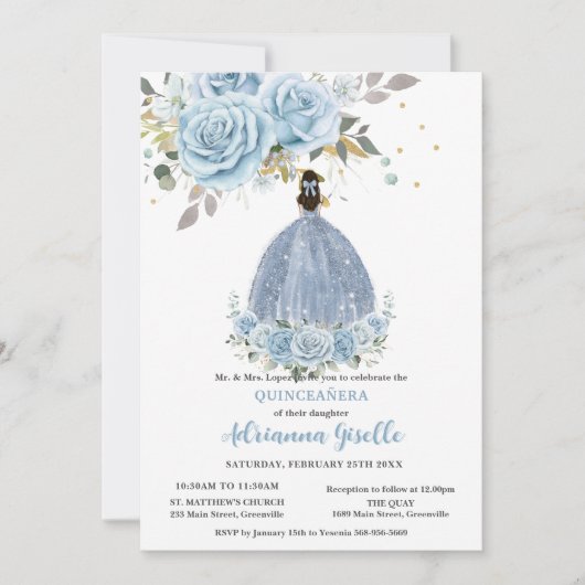 Invitation Bébé Bleu Floral Or Quinceañera Princesse Robe (Devant)