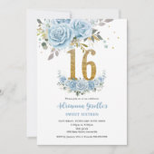 Invitation Bébé Bleu Floral Or Sweet 16 Seize Anniversaire (Devant)