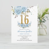 Invitation Bébé Bleu Floral Or Sweet 16 Seize Anniversaire (Debout devant)