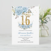 Invitation Bébé Bleu Floral Or Sweet 16 Seize Anniversaire (Debout devant)