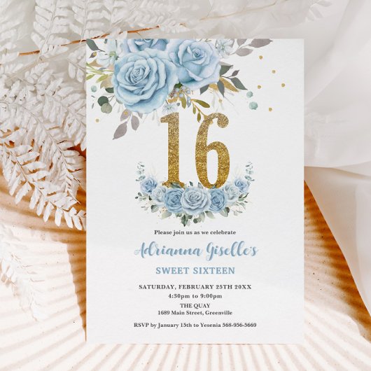 Invitation Bébé Bleu Floral Or Sweet 16 Seize Anniversaire