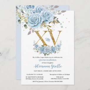 Invitation Bébé Bleu Floral Or XV Quinceañera Quince 15