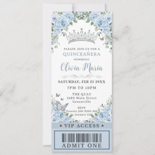 Invitation Bébé Bleu Floral Papillon Quinceañera VIP Billet