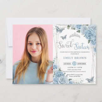Invitation Bébé Bleu Floral Papillons Sweet sixteen 16ème En