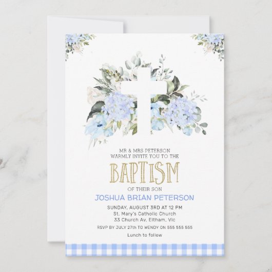 Invitation Bébé Bleu Floral Plaid Cross Baptism (Devant)