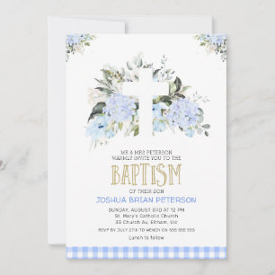 Invitation Bébé Bleu Floral Plaid Cross Baptism