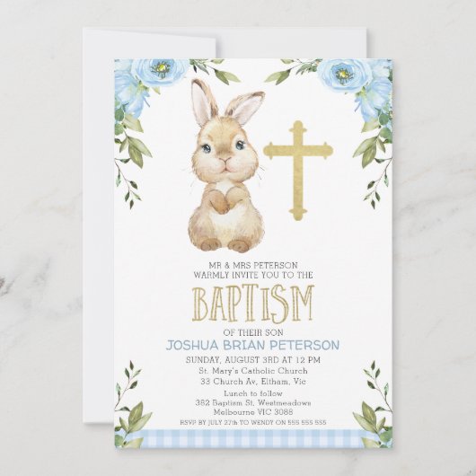 Invitation Bébé Bleu Floral Plaid Lapin Lapin Baptême (Devant)