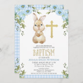 Invitation Bébé Bleu Floral Plaid Lapin Lapin Baptême (Devant / Derrière)