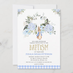 Invitation Bébé Bleu Floral Plaid Peter Rabbit Baptême