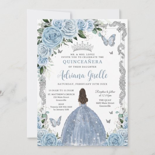 Invitation Bébé Bleu Floral Princesse Robe Argent Quinceanera (Devant)