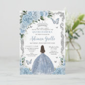 Invitation Bébé Bleu Floral Princesse Robe Argent Quinceanera (Debout devant)