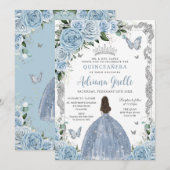 Invitation Bébé Bleu Floral Princesse Robe Argent Quinceanera (Devant / Derrière)
