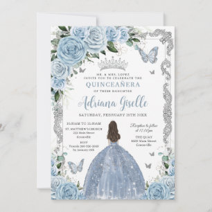 Invitation Bébé Bleu Floral Princesse Robe Argent Quinceanera