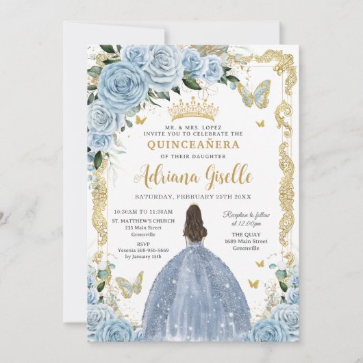 Invitation Bébé Bleu Floral Princesse Robe Or Quinceanera (Devant)
