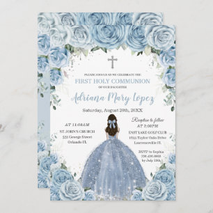 Invitation Bébé bleu Floral Rose Fille Argent Première Commun